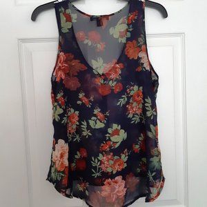 Streetwear Society Sleeveless Navy Floral Sheer Blouse with Buttons